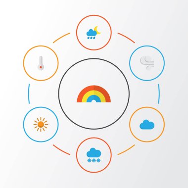 Hava düz simgeler kümesi. Kar, yay, fırtına ve diğer öğeleri koleksiyonu. Ayrıca gökkuşağı, sıcaklık, bulutlu gibi simgeler içerir.