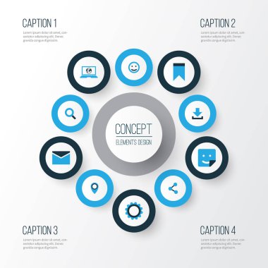 Sosyal renkli simgeler kümesi. Dişli, paylaşım, konum ve diğer öğeleri koleksiyonu. Ayrıca ayarı, dizüstü bilgisayar, Web gibi simgeler içerir.
