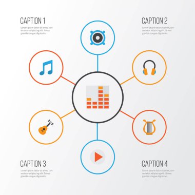 Ses düz simgeler kümesi. Sesi, hoparlör, kontrolcü ve diğer öğeleri koleksiyonu. Ayrıca sesi, frekans, dikkat gibi simgeler içerir.