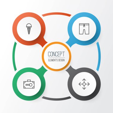 Turizm Icons Set. Yüzme kıyafetleri, dondurulmuş gıda, yön okları ve diğer öğeleri koleksiyonu. Ayrıca, gezinti, oklar, yön gibi simgeler içerir.