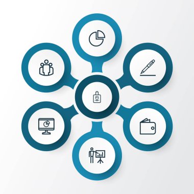 İş anahat simgelerini belirlemek. Sözleşme imzalama, iş sunumu, daire grafik ve diğer öğeleri koleksiyonu. Ayrıca grup, cüzdan, grafik gibi simgeler içerir.