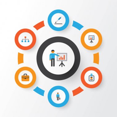 İş düz simgeler kümesi. Kimlik kartı, kalem, hiyerarşi ve diğer öğeleri koleksiyonu. Ayrıca evrak çantası, iş, kimlik gibi simgeler içerir.