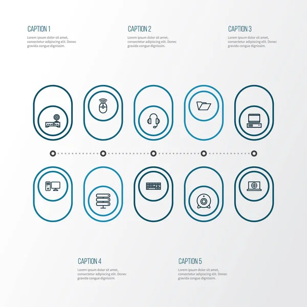 Hardver vázlat ikonok beállítása. Perifériás, fülhallgató, kamera és egyéb elemek gyűjteménye. Magában foglalja a szimbólumok, mint a fejhallgató, egér, személyes. — Stock Vector