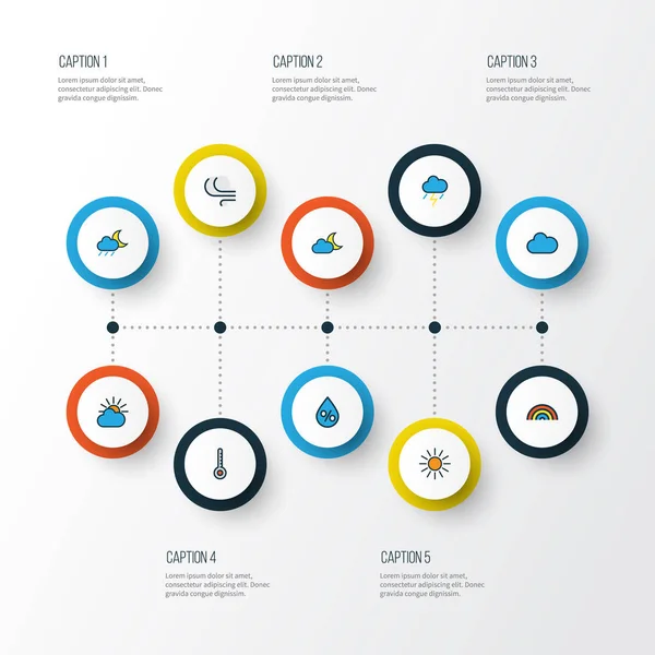 Hava renkli anahat simgelerini belirlemek. Bulutlu günde, güneş, Thunderstroke ve diğer öğeleri koleksiyonu. Ayrıca damla, yüzde, güneş ışığı gibi simgeler içerir.