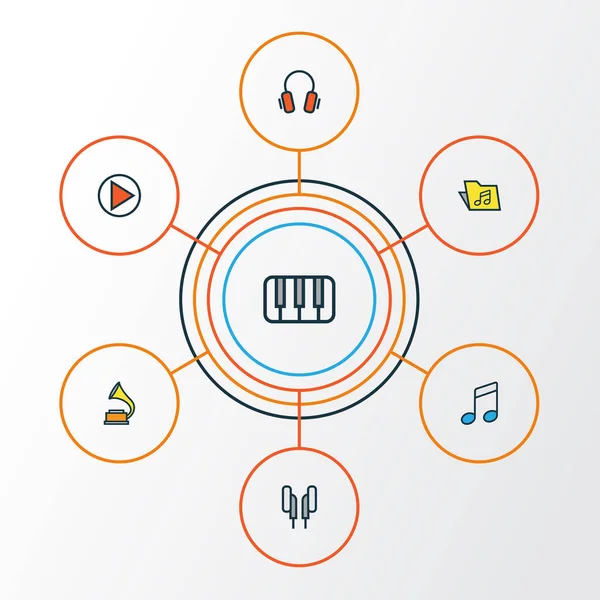 Ses renkli anahat simgelerini belirlemek. Ses, kulaklık, kulaklık ve diğer öğeleri koleksiyonu. Ayrıca müzik çalma, gramofon, gibi simgeler içerir.