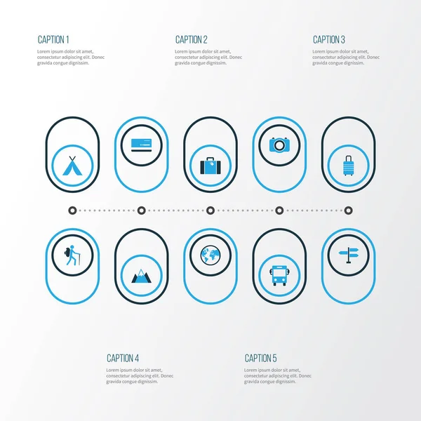 Renkli simgeler kümesi seyahat. Bavul, otobüs, tabela ve diğer öğeleri koleksiyonu. Ayrıca çanta, toprak, fotoğraf gibi simgeler içerir.