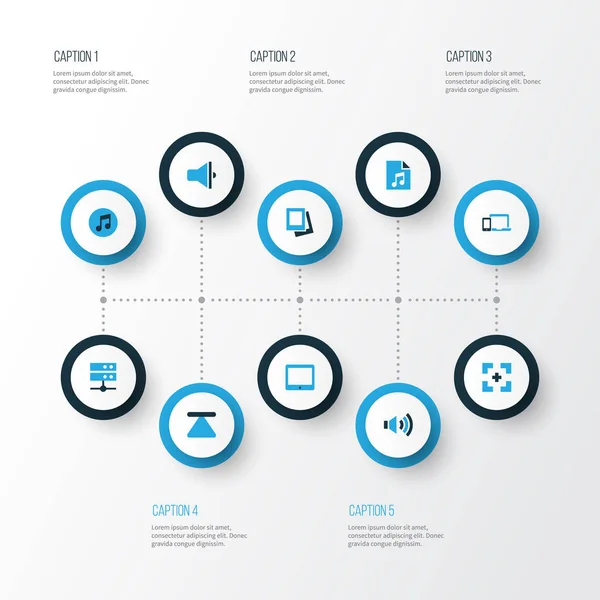Medya renkli simgeler kümesi. Megafon, avuçiçi, çalma listesi ve diğer öğeleri koleksiyonu. Ayrıca avuçiçi, telefon, ses gibi simgeler içerir.