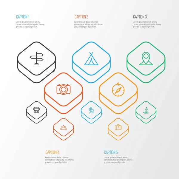 Yolculuk anahat simgelerini belirlemek. Gezgin, Hill, harita PIN ve diğer öğeleri koleksiyonu. Otobüs, Galeri, dağ gibi semboller de içerir.