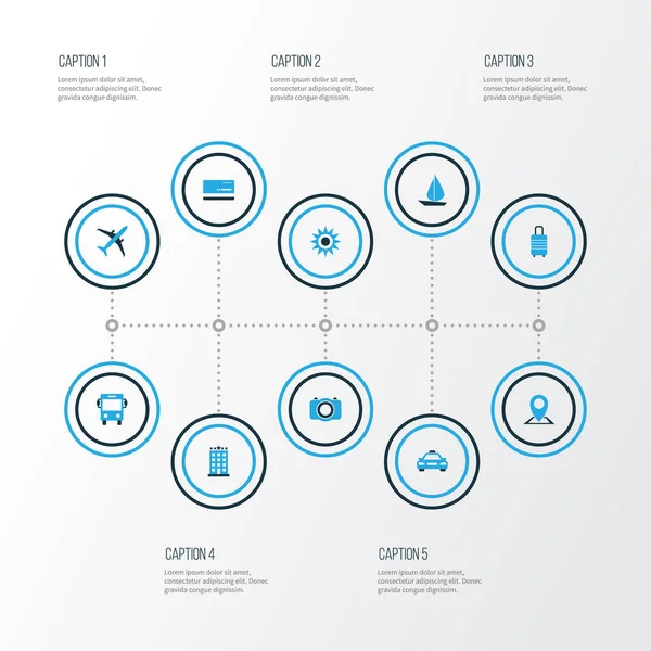 Renkli simgeler kümesi seyahat. Yelken, harita PIN, banka kartı ve diğer öğeleri koleksiyonu. Ayrıca Pin, Autobus, gemi gibi simgeler içerir.