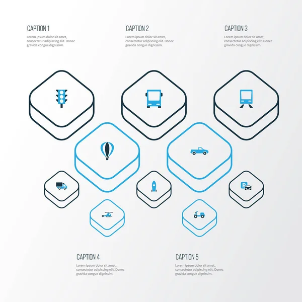 Ulaşım renkli simgeler kümesi. Füze, trafik ışığı, Scooter ve diğer öğeleri koleksiyonu. Ayrıca kamyon, P, tren gibi simgeler içerir.