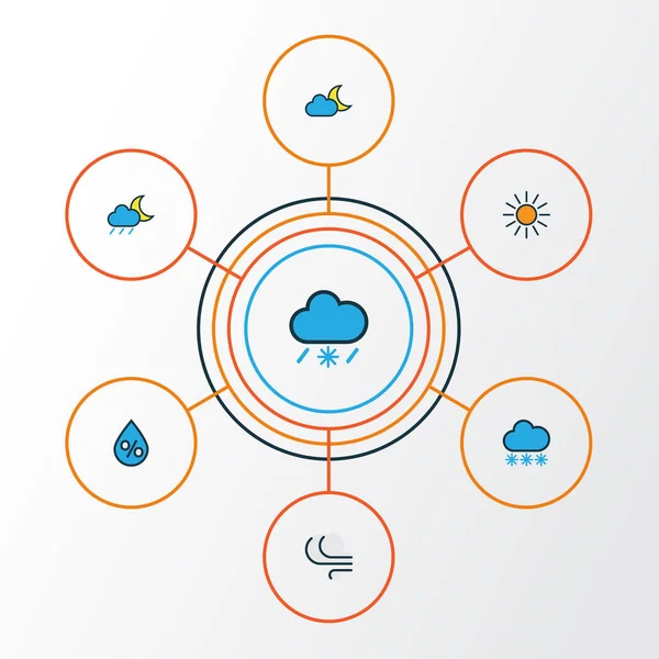 İklim renkli anahat simgelerini belirlemek. Güneş ışığı, yağmur damlası, ay ve diğer öğeleri koleksiyonu. Ayrıca güneş ışığı, yağmur damlası, ay gibi simgeler içerir.