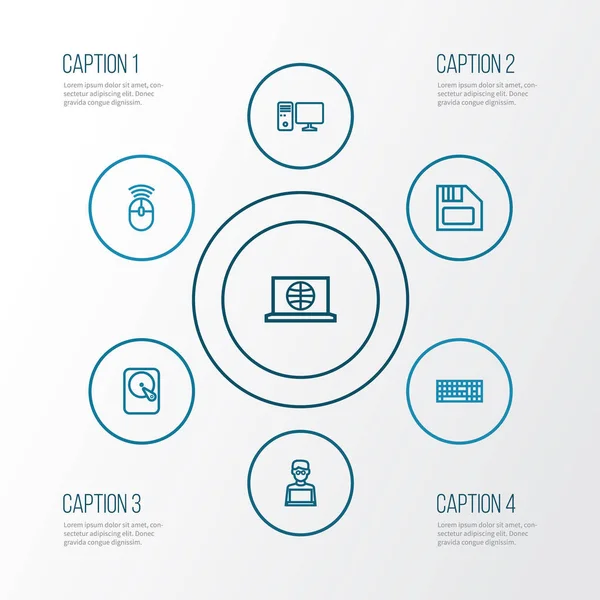 Bilgisayar anahat simgelerini belirlemek. Sabit Disk, tuş takımı, Web ve diğer öğeleri koleksiyonu. Ayrıca kişisel, bilgisayar, Laptop gibi simgeler içerir.