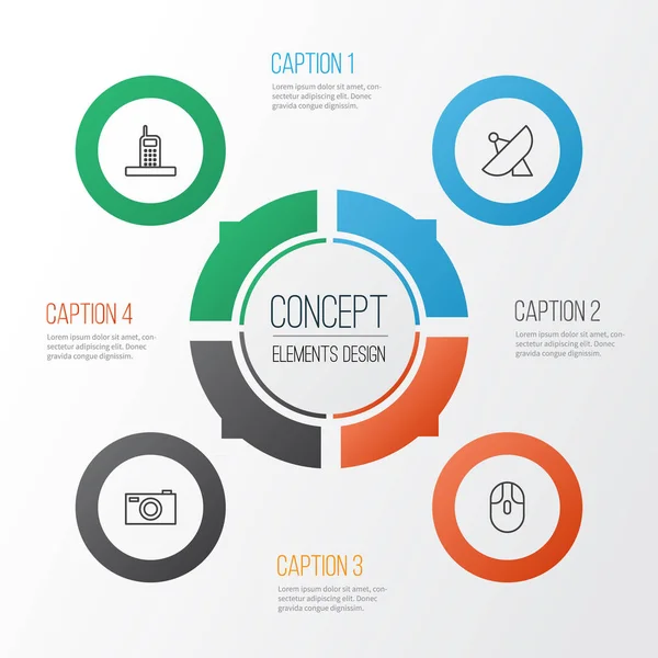 Donanım simgeleri ayarlayın. Kontrol cihazı, anten, dijital kamera ve diğer öğeleri koleksiyonu. Ayrıca fotoğraf makinesi, telefon, Sputnik gibi simgeler içerir.