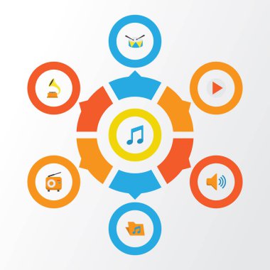 Müzik düz simgeler kümesi. Portföy, ses, düğme ve diğer öğeleri koleksiyonu. Ayrıca Band, müzikal, Not gibi simgeler içerir.