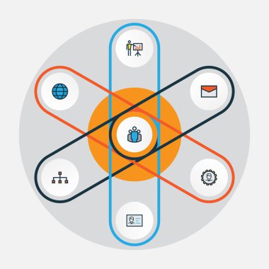 İş renkli anahat simgelerini belirlemek. Takım, yönetici, ileti ve diğer öğeleri koleksiyonu. Ayrıca takım, gösteri, zarf gibi simgeler içerir.