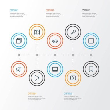 Medya Icons Set anahat. Duraklat, grup, sessiz ve diğer öğeleri koleksiyonu. Mikrofon, durdurmak, duraklatmak gibi semboller de içerir.