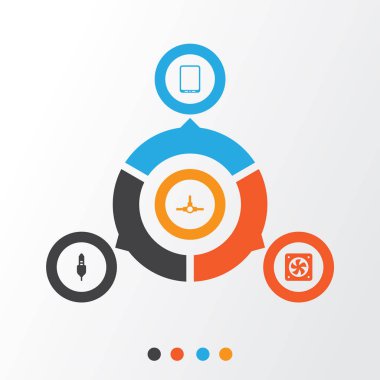 Donanım simgeleri ayarlayın. Cep telefonu, Aux kablosunu, bilgisayar havalandırma ve diğer öğeleri koleksiyonu. Ayrıca ağ, dağıtım, Aux gibi simgeler içerir.