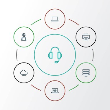 Donanım anahat simgelerini belirlemek. Kulaklık, dizüstü bilgisayar, depolama ve diğer öğeleri koleksiyonu. Ayrıca Datacenter, sunucu, baskı gibi simgeler içerir.