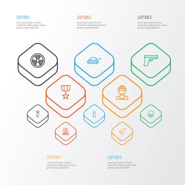 Savaş anahat simgelerini belirlemek. Bomba, memur, silah ve diğer öğeleri koleksiyonu. Ayrıca silah, memur, Gong gibi simgeler içerir.