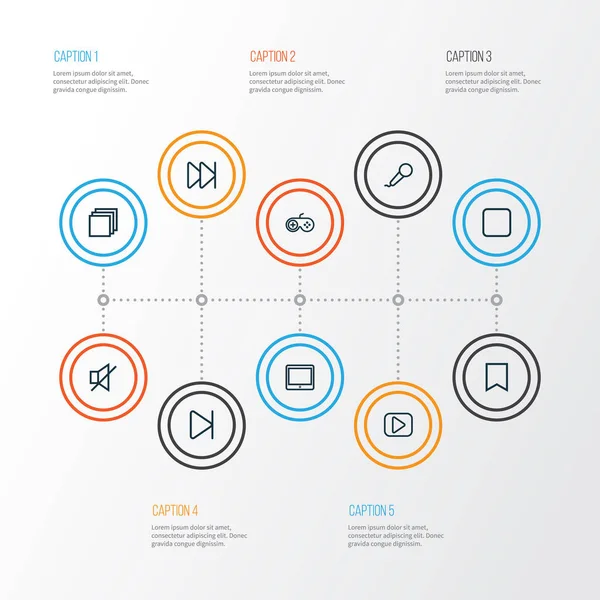 미디어는 아이콘을 설정 개요. 일시 중지, 그룹, 음소거 및 기타 요소의 컬렉션입니다. 또한 같은 마이크, 중지, 일시 중지 기호를 포함. — 스톡 벡터