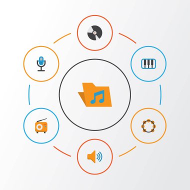 Multimedya düz simgeler kümesi. Piyano, yayını, ses ve diğer öğeleri koleksiyonu. Ayrıca arşiv, Synthesizer, Disk gibi simgeler içerir.