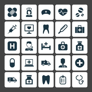 Tıp Icons Set. Mark, pelet, dayak ve diğer öğeleri koleksiyonu. Ayrıca göğüs, hekim, otobüs gibi simgeler içerir.