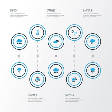 Hava renkli simgeler kümesi. Yıldırım, soğuk hava, termometre ve diğer öğeleri koleksiyonu. Ayrıca sembolleri böyle içerir olarak bulutlu, esinti, Sun.