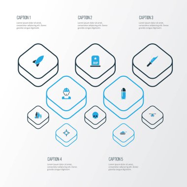 Savaş renkli simgeler kümesi. Asker, mezar, kurşun ve diğer öğeleri koleksiyonu. Ayrıca kurşun, kafatasını, mezar gibi simgeler içerir.