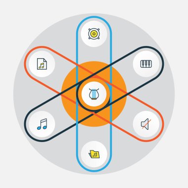 Multimedya renkli anahat simgelerini belirlemek. Tuşları, ses, Harp ve diğer öğeleri koleksiyonu. Ayrıca, liste, klasör, dizeleri gibi simgeler içerir.