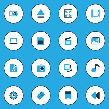 Medya renkli simgeler kümesi. Klaket, topluluğu büyütmek, kamera ve diğer öğeler. Ayrıca sembolleri içerir kamera gibi genişletmek, aparatı.