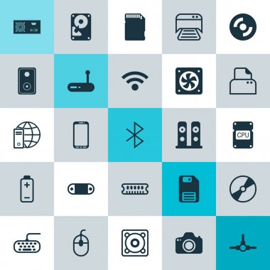 Bilgisayar simgeleri ayarlayın. Kablosuz bağlantı, ses aygıtı, disket ve diğer öğeleri koleksiyonu. Ayrıca kaydetmek, klavye, Cd gibi sembolleri içerir.