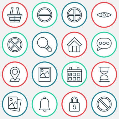 Web simgeler kümesi. Güvenlik amacıyla, araştırma, çöp ve diğer öğeleri koleksiyonu. Ayrıca Bell, Tarih, saat gibi simgeler içerir.