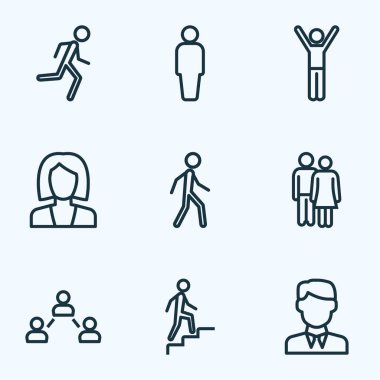 İnsan anahat simgelerini belirlemek. İşçi, çift, iş ve diğer öğeleri koleksiyonu. Ayrıca yürüyüş sevgilisi, merdiven, gibi simgeler içerir.