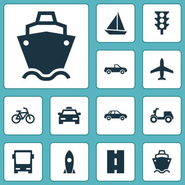 Sevk irsaliyesi Icons Set. Yat, Bisiklet, otomobil ve diğer öğeleri koleksiyonu. Ayrıca, otomobil, trafik ışığı, pikap gibi simgeler içerir.