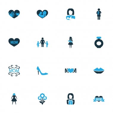 Anneler günü renkli simge tasarım konsepti. 16 gibi öğeleri hanımefendi, dudaklar ve anne ayarlayın. Yeni doğmuş bebek, çocuk ve kadın için güzel sembolleri.
