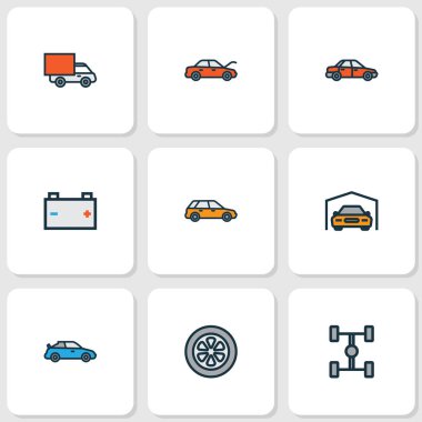 Otomatik Renkli Anahat simgelerini belirlemek. Karkas, sürücü, Van ve diğer öğeleri koleksiyonu. Ayrıca gövde, batarya, Cabriolet gibi simgeler içerir.