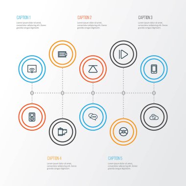 Medya Icons Set anahat. Toplama sinyal, bulut, sohbet ve diğer öğeler. Ayrıca sembolleri içerir ileri gibi senkronize, Film negatif.