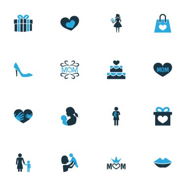 Anneler günü renkli simge tasarım konsepti. Romantik, dudaklar ve kek 16 gibi öğeleri kümesi. Güzel simgeler için kalp, alışveriş ve çiçek.