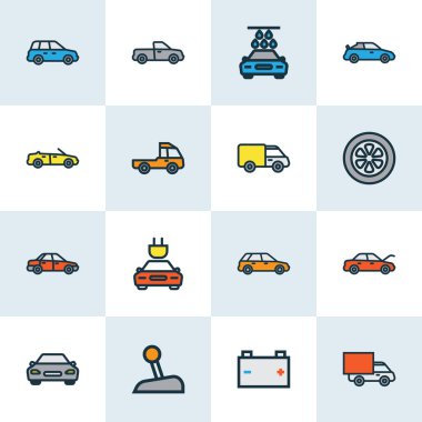 Araba renkli anahat simgelerini belirlemek. Cabriolet, makinesi, kamyon ve diğer öğeleri koleksiyonu. Ayrıca Sedan, otomobil, Van gibi simgeler içerir.