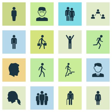 Kişi simgeler kümesi. Büyükbaba, Sevgililer, ağ öğeleri koleksiyonu. Ayrıca merdiven, kafa, koşma gibi simgeler içerir.