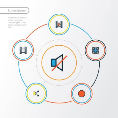 Müzik renkli anahat simgelerini belirlemek. Rastgele, Film, film öğeleri koleksiyonu. Ayrıca hoparlör, ses, Shuffle gibi simgeler içerir.
