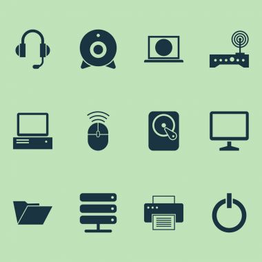 Bilgisayar simgeleri ayarlayın. Hdd, baskı makinesi, kulaklık ve diğer öğeleri koleksiyonu. Ayrıca Hdd, dosyası, denetim gibi simgeler içerir.