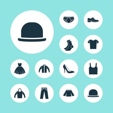 Giysi simgeler kümesi. Rahat, topluluğu külotlu, zarafeti ve diğer unsurlar. Ayakkabı, giyim, Ayakkabı gibi semboller de içerir.