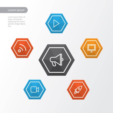 Anahat Icons Set Arabirimi. Duyuru, yem, oyun ve diğer öğeleri koleksiyonu. Ayrıca hoparlör, duyuru, monitör gibi simgeler içerir.