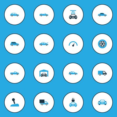 Otomatik renkli simgeler kümesi. Sedan, Station Wagon, araba ve diğer öğeleri koleksiyonu. Ayrıca kamyon, Hatchback, otomatik gibi simgeler içerir.