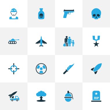Renkli simgeler kümesi mücadele. Biyo tehlike, el bombası, zehir ve diğer öğeleri koleksiyonu. Mülteci, biyo, Bang gibi semboller de içerir.
