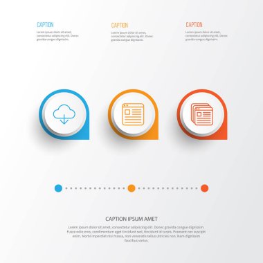 Internet simgeler kümesi. Yer işareti, Web sitesi, indirme ve diğer öğeleri koleksiyonu. Ayrıca bulut, tarayıcı, Web sitesi gibi simgeler içerir.