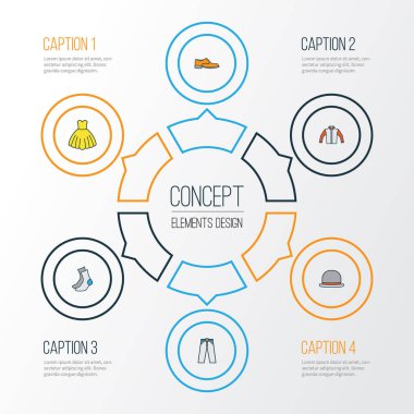 Elbise renkli anahat simgeler kümesi. Panama, çorap, gece elbisesi ve diğer öğeleri koleksiyonu. Ayrıca şapka, elbise, tunik gibi simgeler içerir.