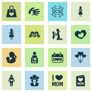 Anneler günü simgesi tasarım konsepti. Yardım, hamilelik ve davet 16 gibi öğeleri kümesi. Anne, sevgi ve bakım için güzel sembolleri.