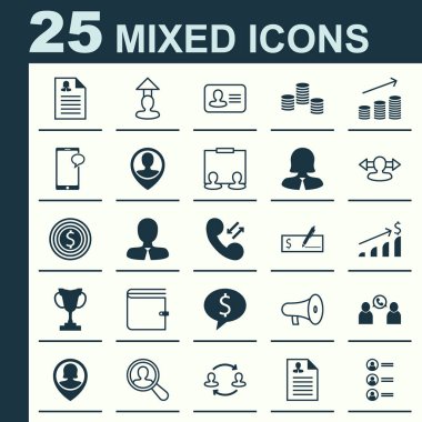 Kaynakları Icons Set. Anlaşma, konuşurken, hedef ve diğer öğeleri koleksiyonu. Sunum, kişisel, adam gibi semboller de içerir.